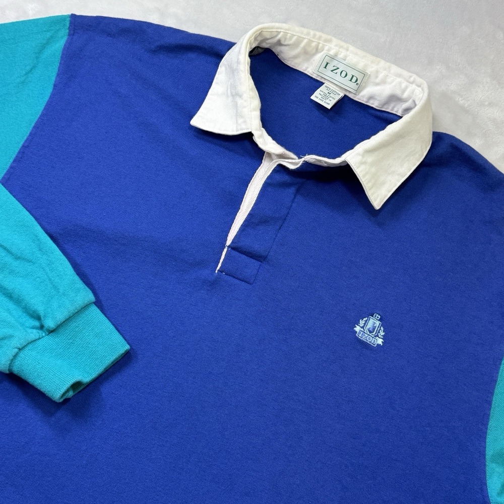 Vintage 90s IZOD Rugby Shirt Mens M Colorblock Blue Teal Crest Long Sleeve
